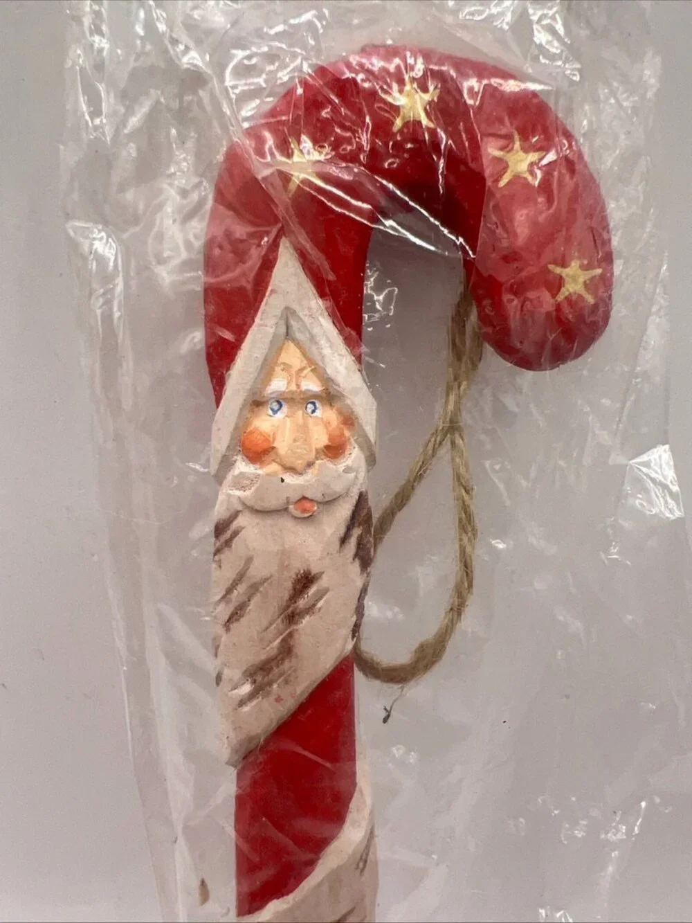 New Vtg Candy Cane Santa Face Ornament Wood Carved 7” Long In Pkg